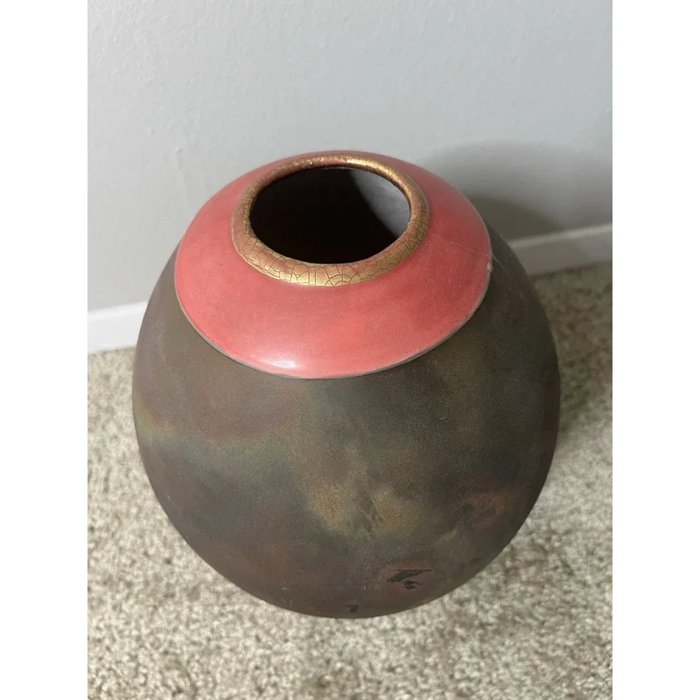 VTG. Raku Pottery Vase Signed Iridescent Earth Tone Finish 1998